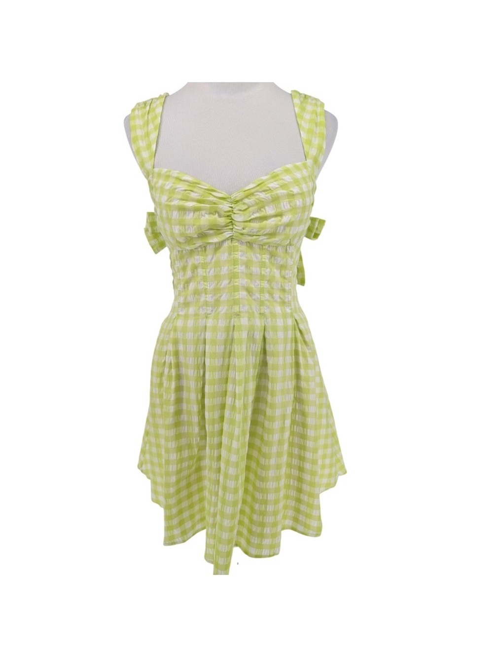 For Love & Lemons August Mini Dress SM Green Gingham Bow Coquette Prep Feminine